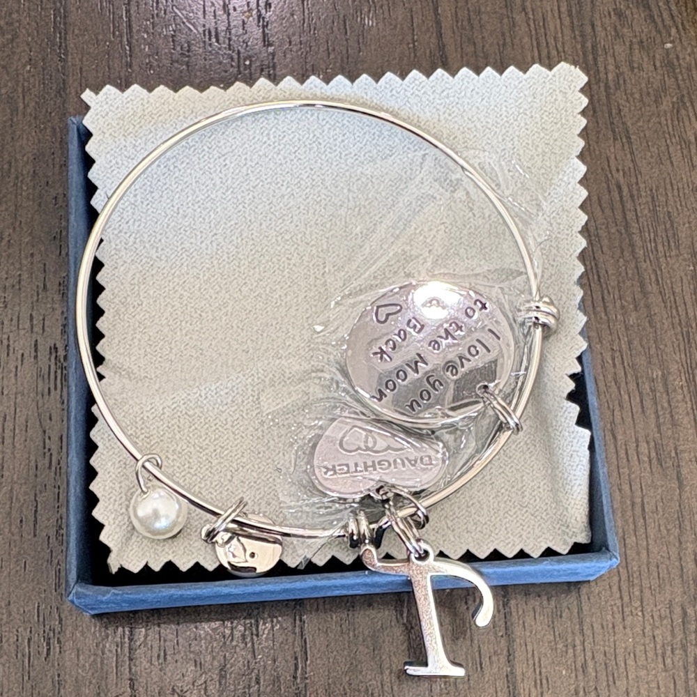 Silver Charm Bracelet with Initial and Pearl